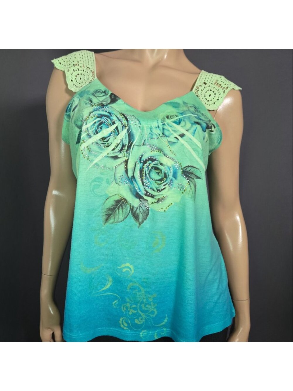 Y2K Blue Green Glitter Rhinestone Floral Fairy Sleeveless Babydoll Top Size L